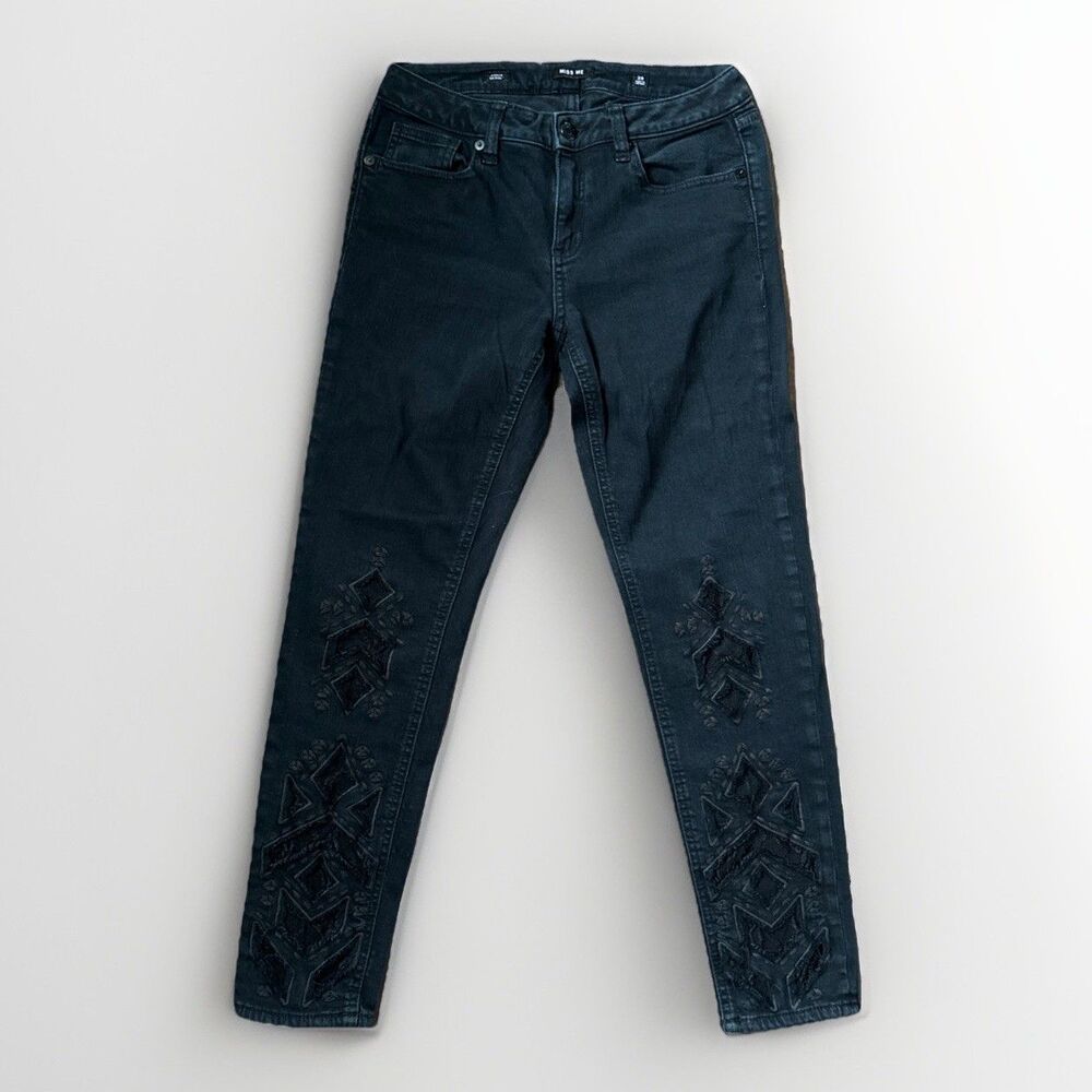 Women’s Miss Me Mid Rise Ankle Skinny Black Boho Patterned Jeans Size 28x27